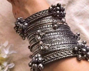 Antique Boho silver Oxidised Indian Bangle Kada Set,Black Polish, Ghungaroo bangle, German Silver, Handmade Jewelry, Gift for Her, wedding