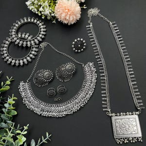 Oxidised Jewellery set of 7, with long necklace, german silver jewellery, kolhapuri oxidised set,Indian silver choker set, Navratri combo