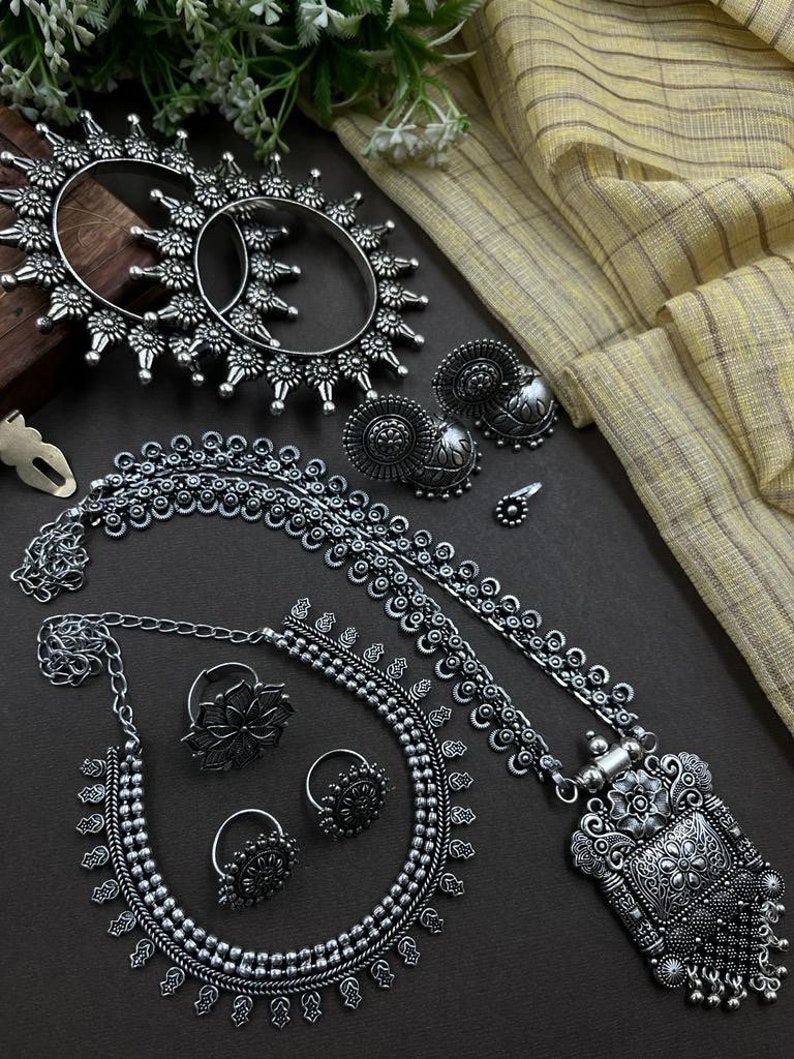 Oxidised German Silver jewellery set of 6 Indian jewelry traditional long necklace temple kemp jewlry oxidized for women ethnic hot selling STYLE3