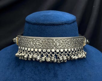 Oxidised Silver Torque Choker Necklace with Ghungroo | Vintage Tribal Boho Statement Jewellery | Adjustable Floral Engraved Indian Necklace