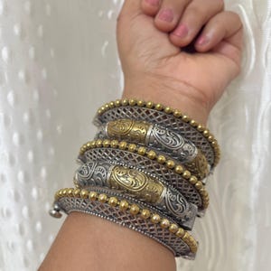 Antique Style Silver Gold Oxidized kada Bangles Set | Dual tone Tribal Bangles | Handmade Ethnic Indian Jewelry | Rajasthani Rajwadi Kade