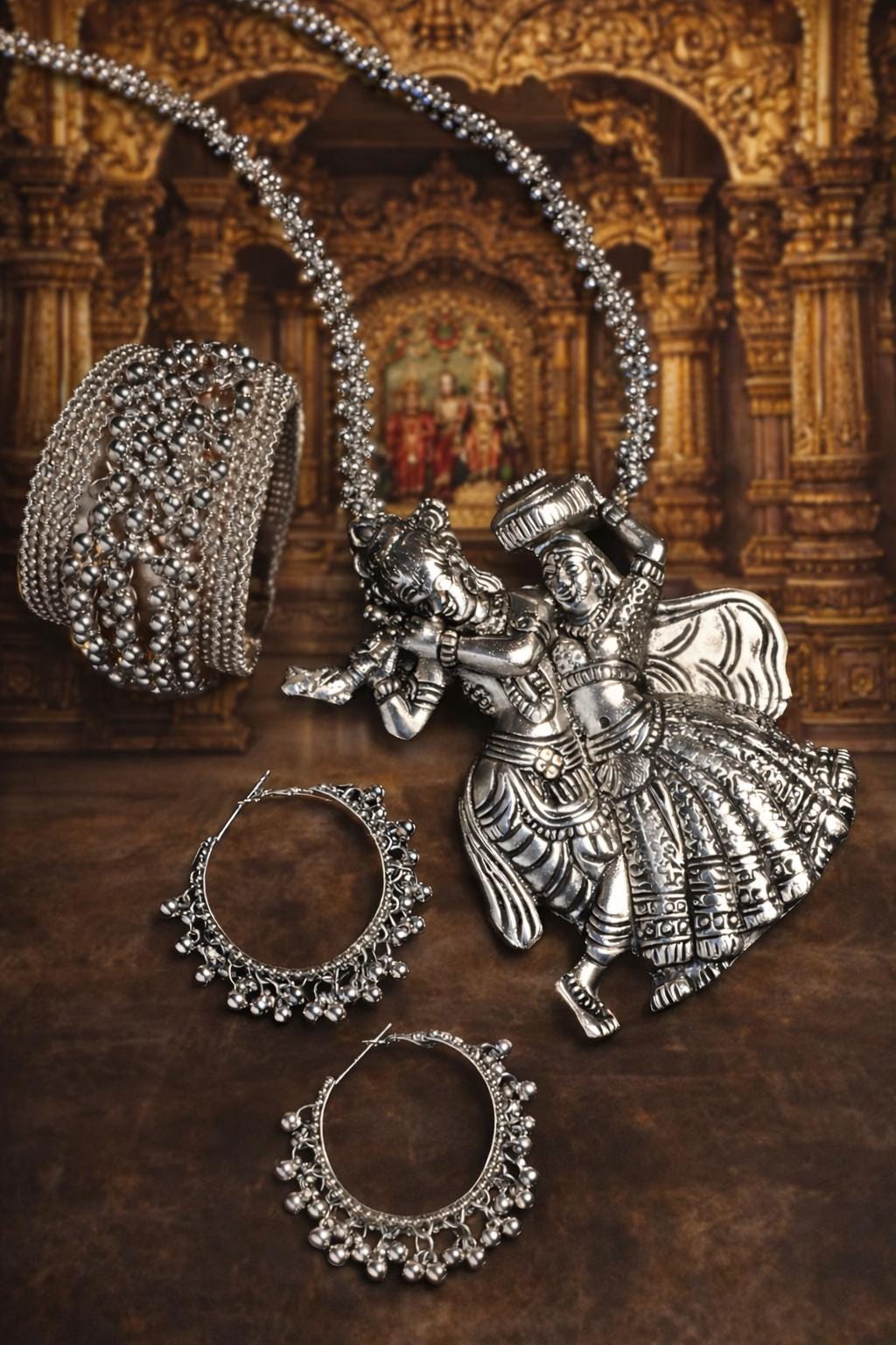 ラダ・クリシュナ 酸化シルバー ロングネックレスセット – インドの