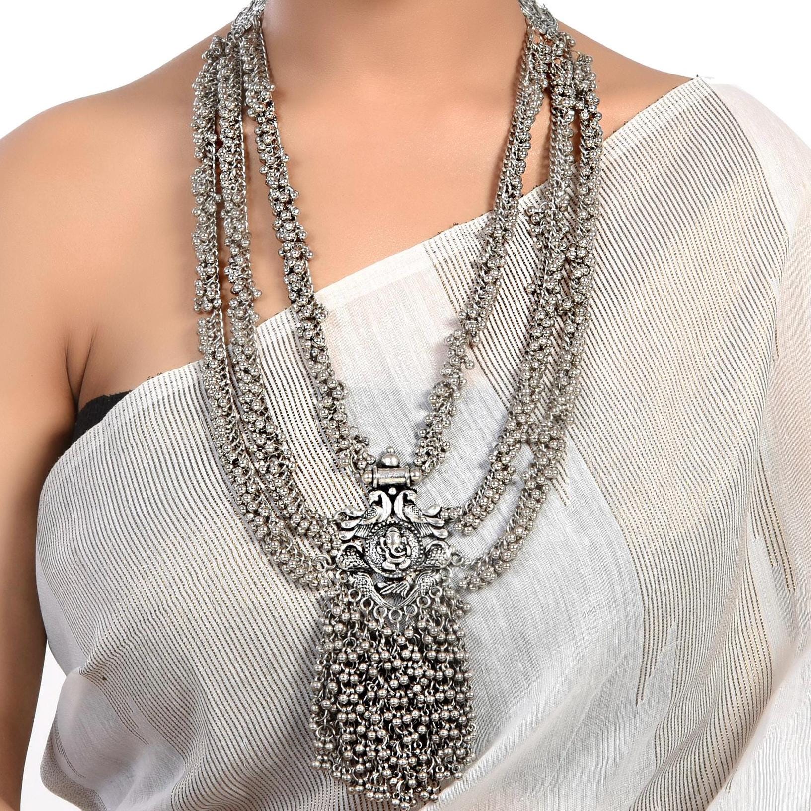 Oxidized Silver Ganesha Necklace: Indian Ghunghroo Temple Jewelry