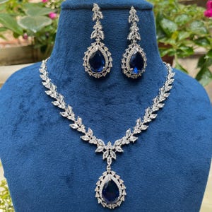 CZ Royal Blue Sabyasachi Inspired Diamond stone Pendant Necklace Earrings, Indian Pakistani Punjabi Wedding Jewelry Set/ Statement Set