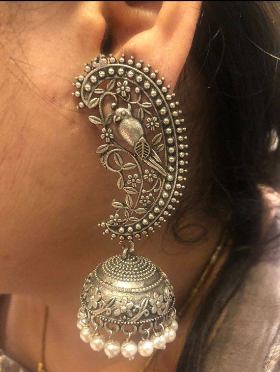 Silver Replica Jhumki Dangler Jhumka Earrings With Pearl Drop