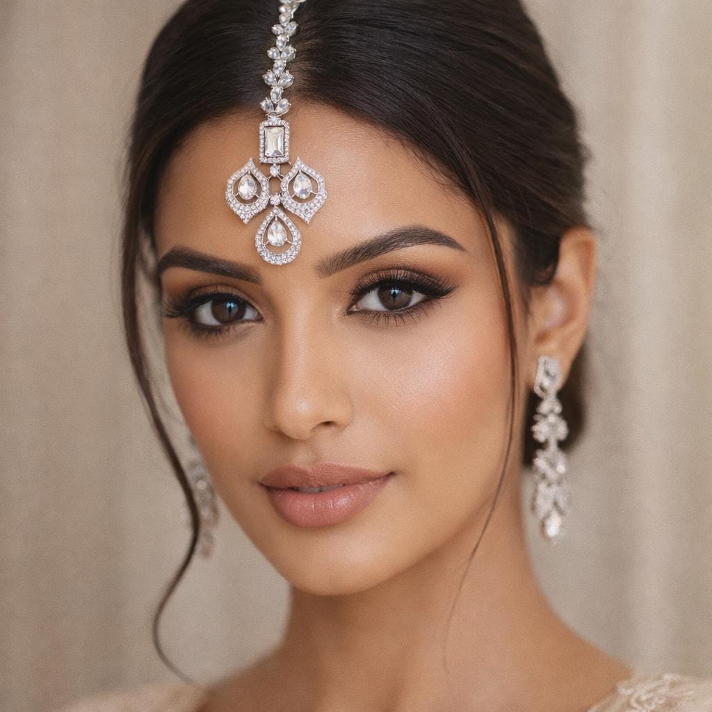 Silver Maang Tikka for Bride, Ruby Red CZ Headpiece, Indian 