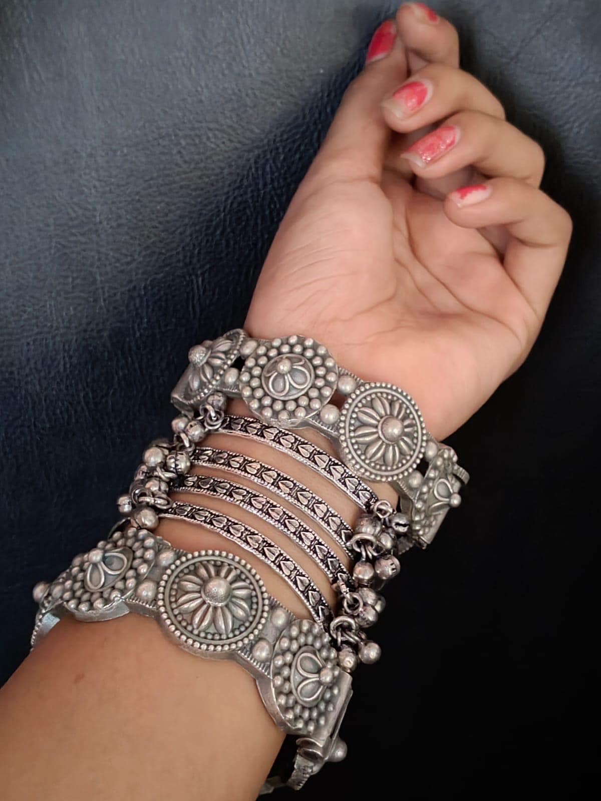 Boho Oxidized Silver Bangle Set | Tribal Kada Stack With Bells
