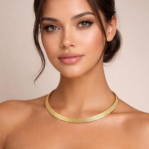 May include: A gold choker necklace with a textured, woven design. The necklace sits close to the neck and has a simple, elegant style. The jewelry is a classic accessory.