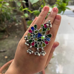 Colorful Afghani Statement Ring | Multicolor Glass Adjustable Ring | Ethnic Tribal Boho Finger Ring | Handmade Kuchi Jewelry for Women