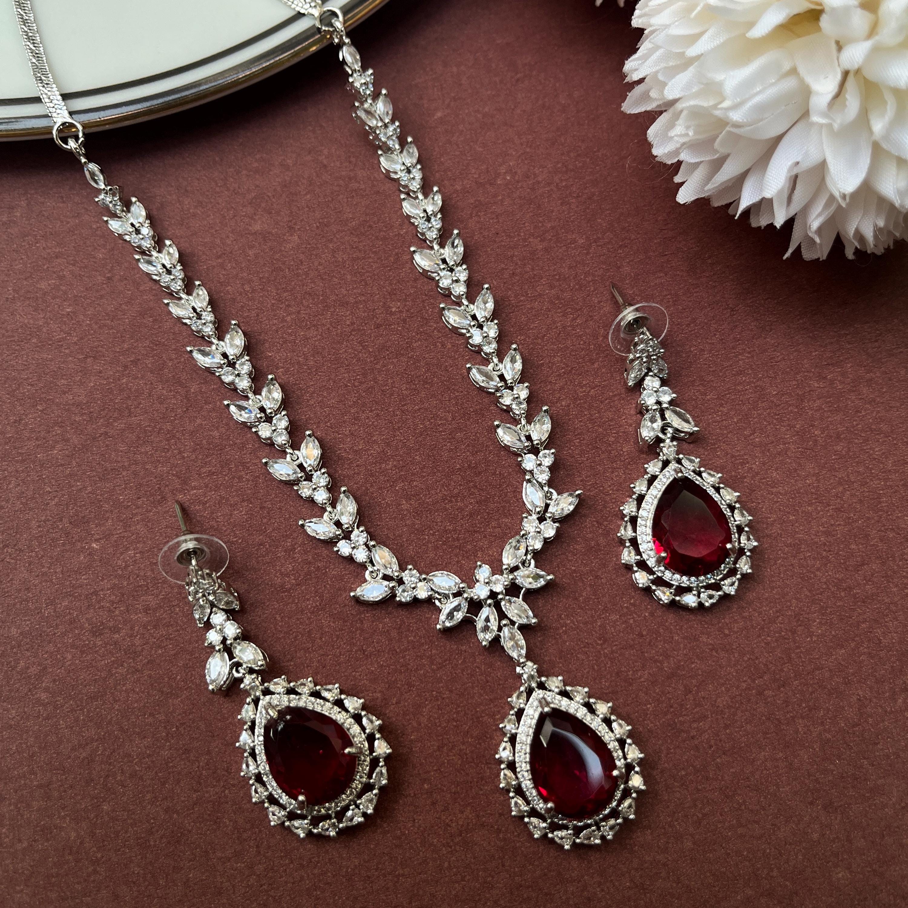 Red Doublet Pendant Necklace Set: American Diamond CZ Silver