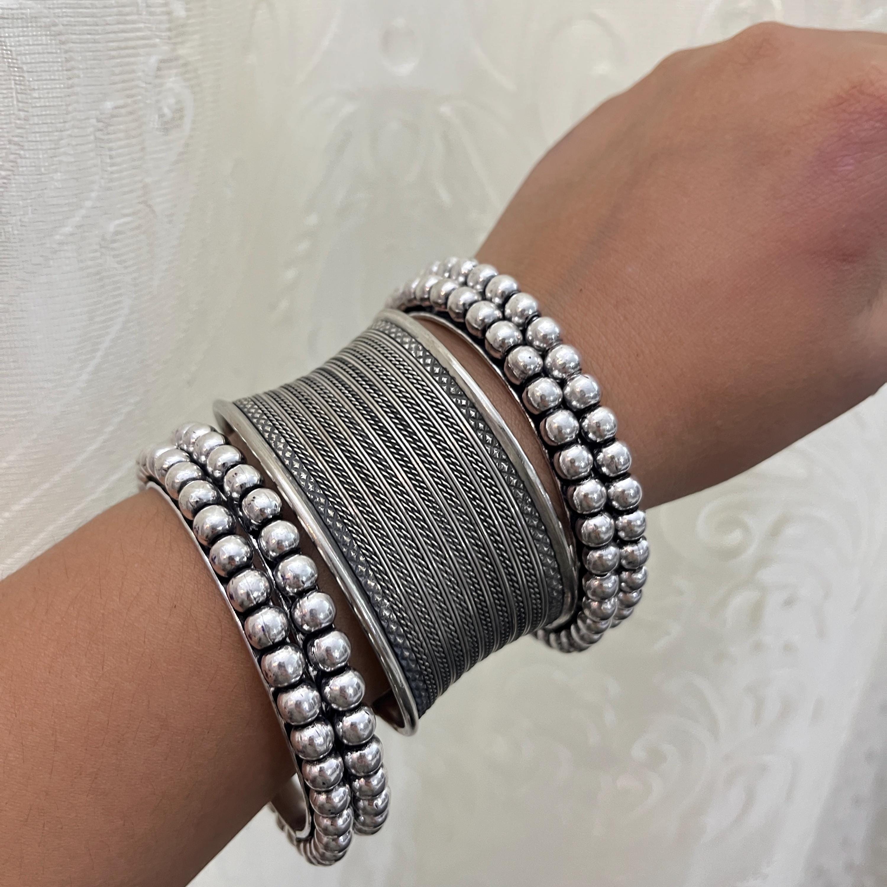 Silver Tone Bangle Set: Indian Ethnic Cuff Bracelet, Set of 5 - Etsy