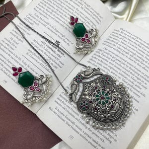 Oxidised Silver Peacock Necklace Set with Earrings | Red Green Stone Ethnic Temple Jewelry | Boho Statement Necklace | Festival Wedding Wear