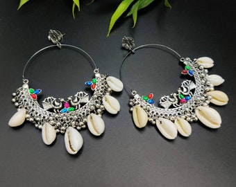 Chandbali earrings, oxidized shell cowrie, peacock motifs tribal earrings, hoops, Indian earrings, silver look alike jewelry, gifts for her