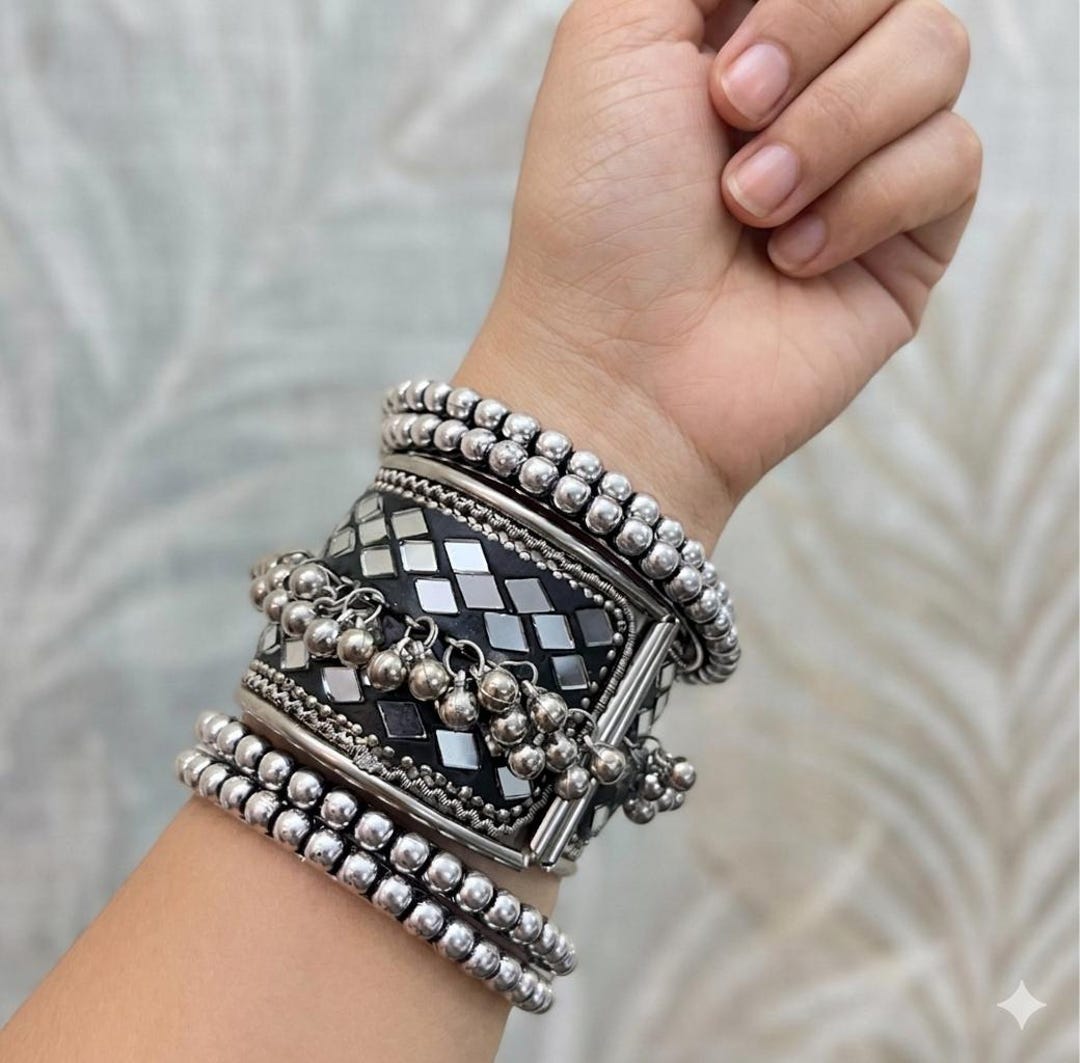 Tribal Mirror Work Cuff Bracelet, Afghani Silver Bangle With