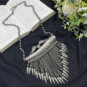 Oxidised Tribal Necklace with Chain Dangles | Afghani Statement Boho Jewelry | Ethnic Silver Pendant Necklace | Handmade Festival Jewelry