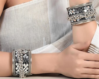 Oxidized Silver Mirror Kada Bangles: Afghan Boho Bracelet (Pair)