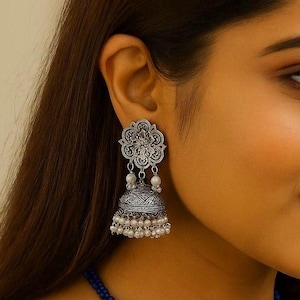 Oxidised Handmade Silver Jhumka Earrings with Pearls | Traditional Indian Boho Dangle Earrings | Ethnic Wedding & Festive Jewelry
