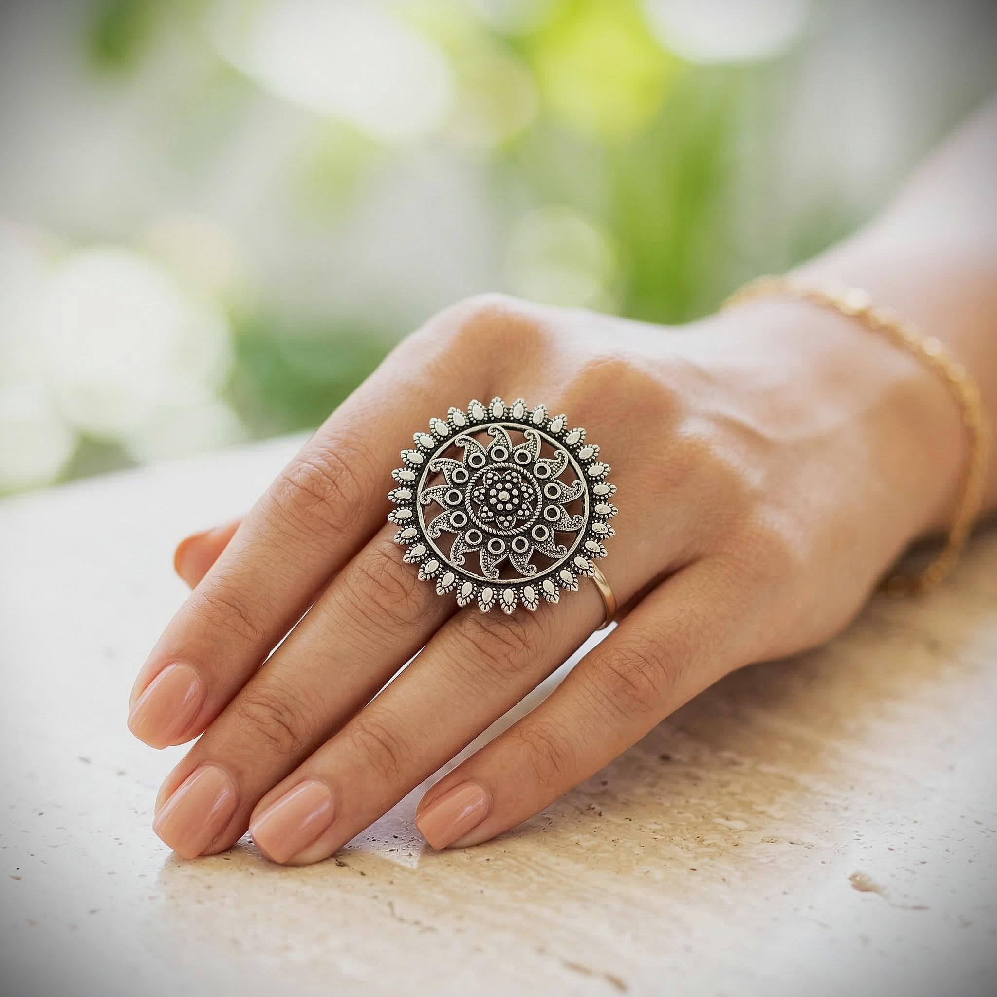Oxidized Silver Floral Ring: Adjustable Mandala Brass Boho Jewelry