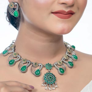Green Stone Peacock Necklace Set | Dual tone Oxidized Silver Finish with Earring | Indian Statement Jewelry | Ethnic Festive Bridal Necklace
