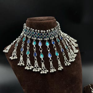 Oxidized Tribal Choker Necklace | Blue Boho Statement Collar | Antique Silver Enamel Work Necklace | Indian Ethnic Banjara Festival Jewelry