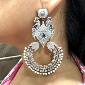 Oxidized Silver Peacock Earrings with Pearls | Traditional Indian Jhumka Hoop Earrings | Handmade Ethnic Statement Jewelry for Women