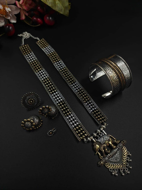 Dual Tone Elephant Pendant Necklace Set: Ethnic Indian Temple Jewelry