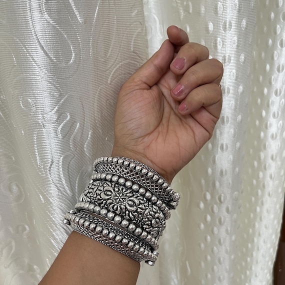 Oxidized Silver Tone Bangle Set of 5 Pc: Indian Tribal Boho Kadas