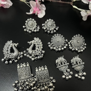 Stud earrings combo of 5 pairs, German silver stud earrings, oxidised studs, Indian ethnic earrings, ghungroo studs