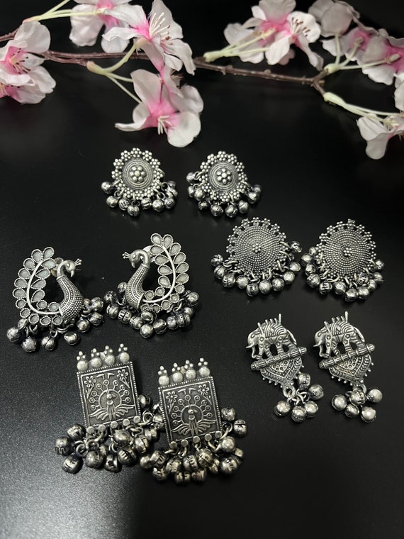 Stud earrings combo of 5 pairs German silver stud earrings oxidised studs Indian ethnic earrings ghungroo studs