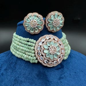 Mint Green Beaded CZ Choker Necklace Set | American diamond Statement Jewelry | Pastel Indian Bridal Set with Earrings | Wedding Jewelry