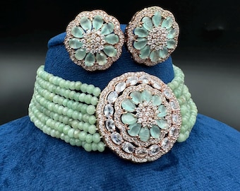 Mint Green Beaded CZ Choker Necklace Set | American diamond Statement Jewelry | Pastel Indian Bridal Set with Earrings | Wedding Jewelry