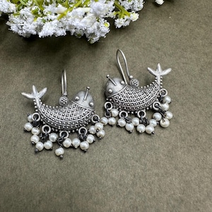 Fish Studs Oxidised Silver Earrings | Artistic Earrings | Indian Artisan Ethnic Traditional small hoop earrings |officewear earrings