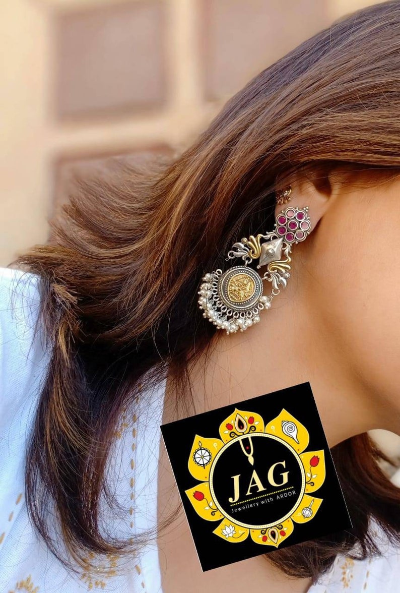 ethnic earring,stone earring Indian earrings temple jewelry silver golden dual tone earring with pearl handmade kemp Long earrings
