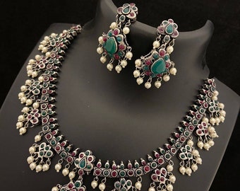 Indian jewellery, ethnic jewelry, stone studded, necklace sets, pearls studded, handmade, german silver, guttapusalu