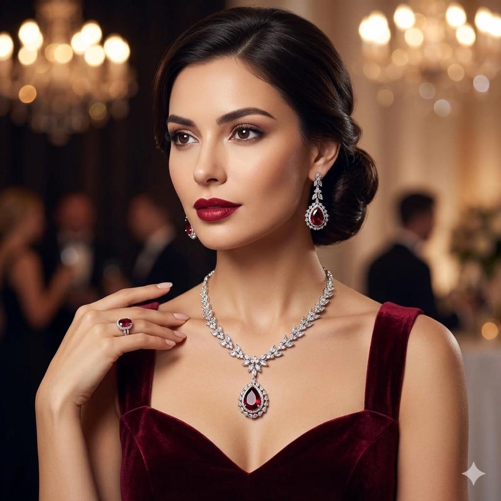 Red Doublet Pendant Necklace Set: American Diamond CZ Silver