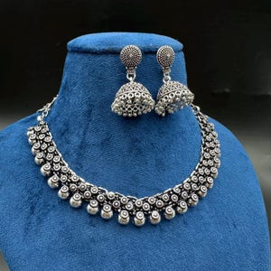 Oxidized Designer Choker Jewellery with jhumka, German Silver Plated Handmade necklace, Partywear Jewelry, Indian ethnic Necklace For women