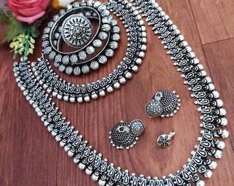 Oxidized German Silver Jewelry Set: Handmade Indian Necklace, Jhumka, Ring