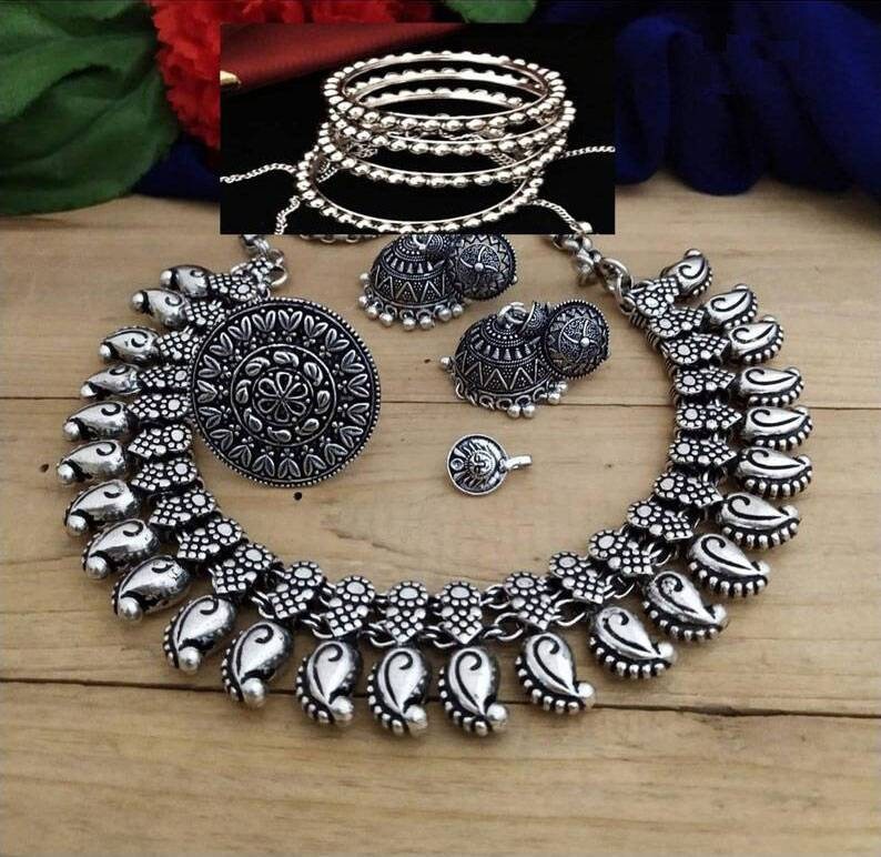 Silver oxidized jewellery set discount