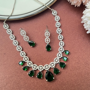 Emerald Green CZ Necklace Earring Set | Indian Bridal Jewelry | Prom Statement Necklace | Wedding Party Jewelry | Luxury Stone Jewelry Set