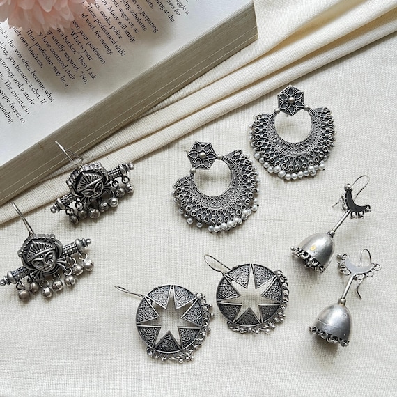 Oxidized Silver Stud Earrings Set: Boho Tribal Indian Replica,