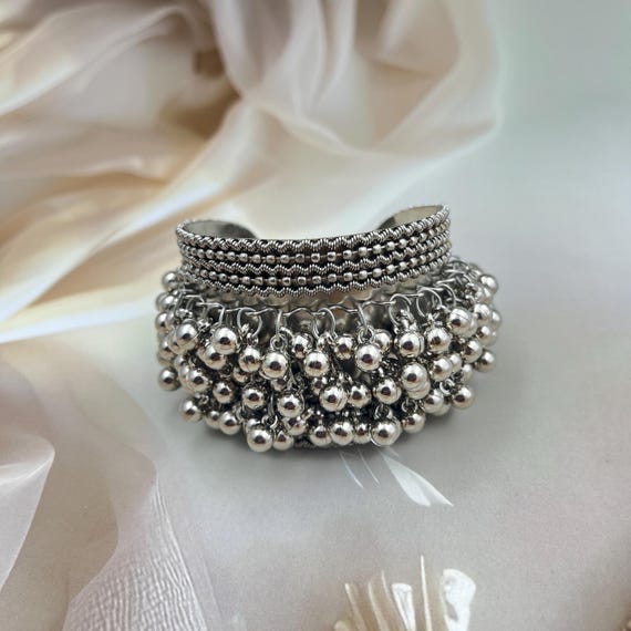 Ghungroo Cuff Kada Bracelet, Oxidized Bangle, Antique