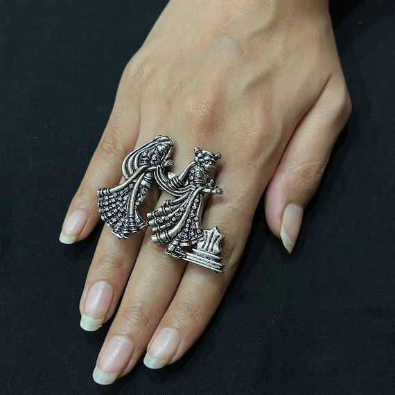 Oxidised Antique Silver tone Statement Finger ring for girls - ZamIndia -  Online shop for women suit material, nightwear, imitation jewellery and  accessories.