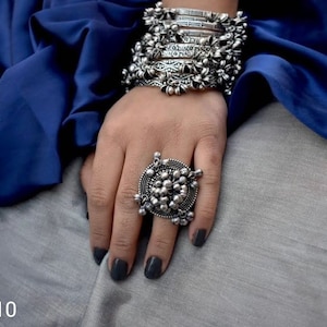 Oxidised Ghunghroo Bangle Set With Ring, Silver Black Bangle Sets, Indian tribal Jewelry, Oxidized Bangles, Ghungroo Jewelry- Indian Bangles