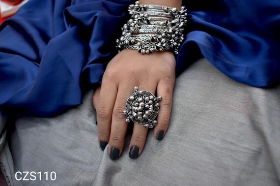 Oxidised Ghunghroo Bangle Set With Ring Silver Black Bangle Sets Indian tribal Jewelry Oxidized Bangles Ghungroo Jewelry Indian Bangles
