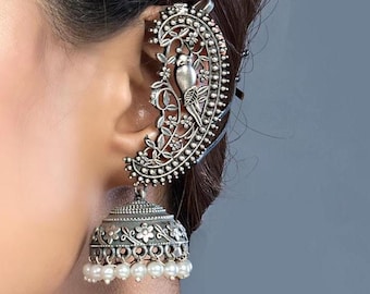 Oxidized Silver Jhumka Earcuff, Indian Dangler Earrings with Pearl