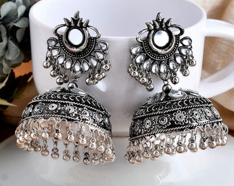 SHOWSTOPPER Oxidized Jhumka earrings Big Jhumka jumbo size Indian Silver Plated Jhumka Jhumki Earrings Indian Ethnic German Silver Jhumka