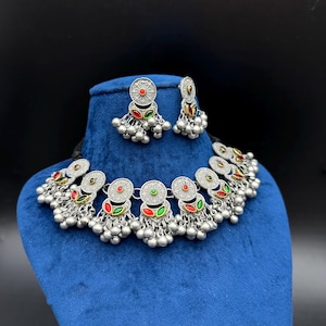 Oxidized Silver Choker Necklace Set with Colorful Enamel | Tribal Handmade Indian Jewelry Set | Boho Ethnic Choker with Jhumka Earrings