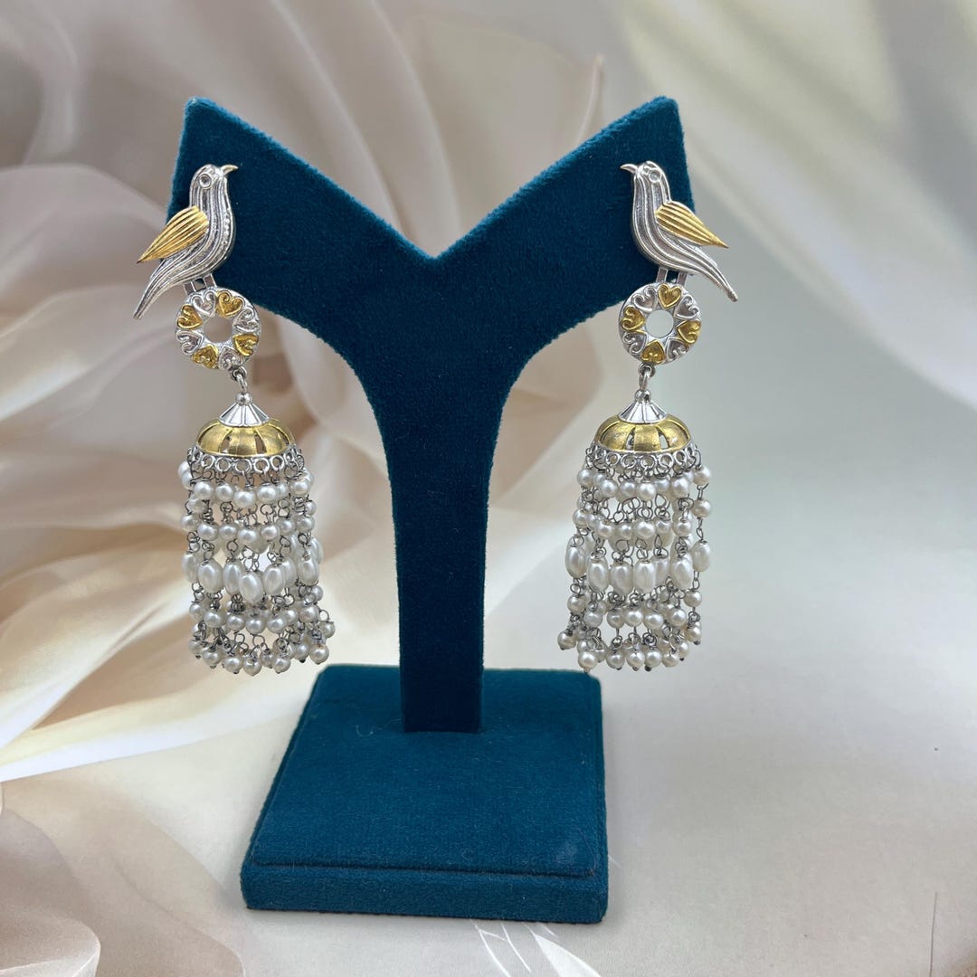 Dual Tone Parrot Jhumka Earrings With Pearl Drops for Women - for ...