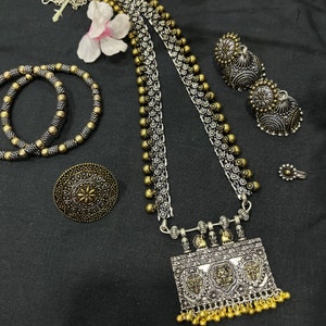 Handcrafted ethnic oxidized silver necklace with traditional Indian design
