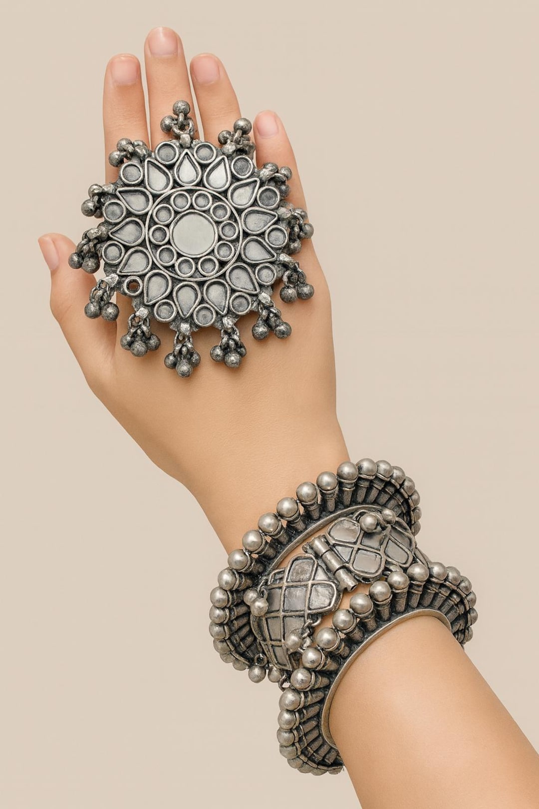 Lo. bangle × ring Oxidized German Silver Ring Bangle Set: Afghani Mirror Jewelry - Etsy